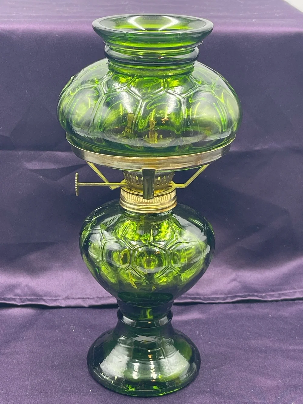 Vintage Emerald Green Pressed Glass Hurricane Oil Lamp w/Brass Metal Wick Collar